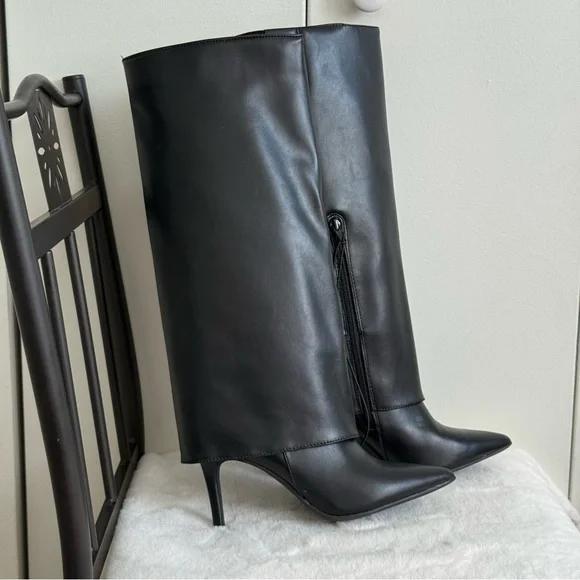 Worthington Sleek Black Leather Heeled Boots - Picture 1 of 14